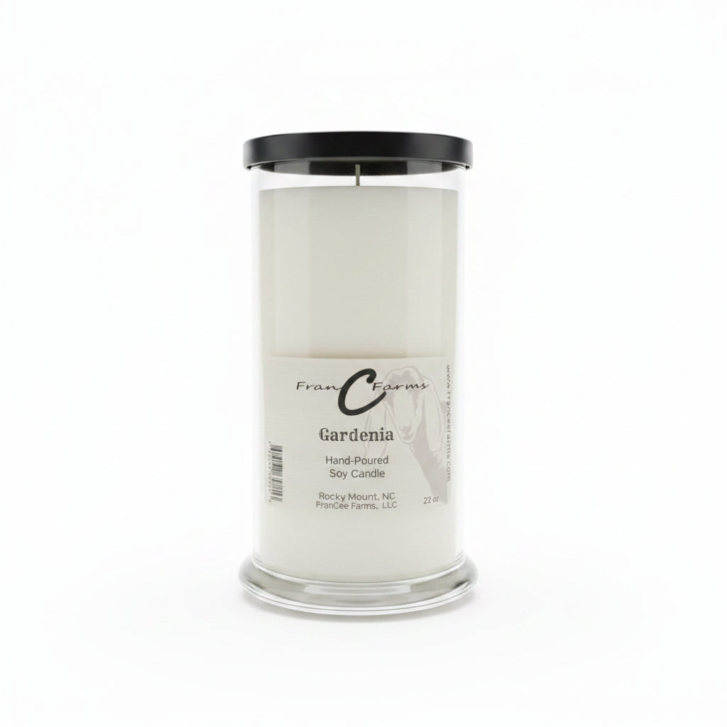Gardenia Soy Candle - 22 oz. Status Jar, hand-poured, featuring floral scents and stylish packaging.