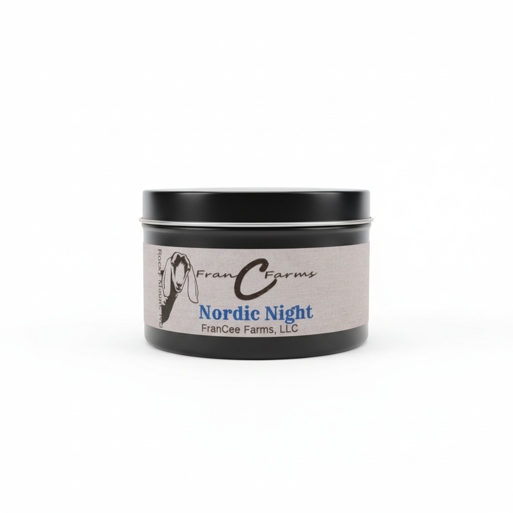 Nordic night soy candle in an 8 oz. tin by FranC Farms, evoking winter wonderland scents.
