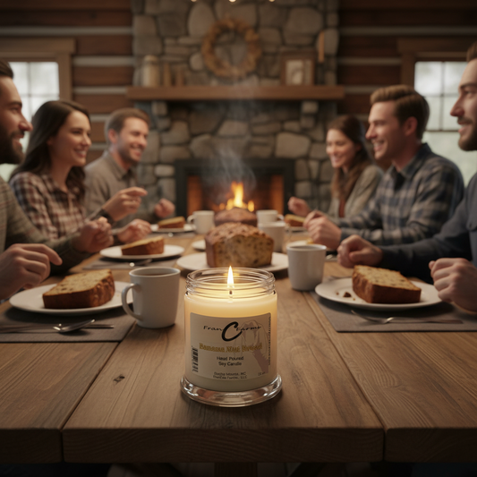 Cozy gathering with friends enjoying a meal, featuring a Banana Nut Bread Soy Candle on the table.