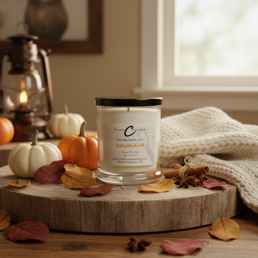 Autumn Glow Soy Candle in jar, surrounded by autumn decor like pumpkins and leaves, perfect for fall ambiance.