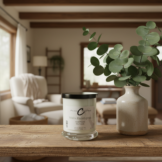 White Eucalyptus Soy Candle - 12 oz Status Jar on a wooden table in a cozy setting with eucalyptus leaves.