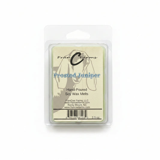 Frosted Juniper Soy Wax Melts packaging showing hand-poured soy wax melts by FranC Farms.