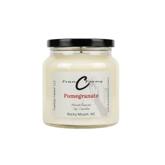 Pomegranate Soy Candle in an 18 oz. Apothecary Jar by FranC Farms, hand-poured in Rocky Mount, NC.