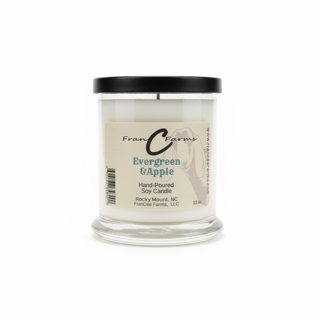 Evergreen and Apple Soy Candle in a 12 oz jar, hand-poured from Franc Farms, showcasing a fresh and inviting fragrance.