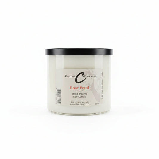 Rose Petal Soy Candle - 20 oz. 3 Wick, hand-poured with floral notes, ideal for warm ambiance.