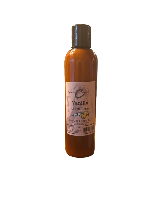 Vanilla Goat Milk Lotion bottle, creamy texture with notes of vanilla bean and buttercream.