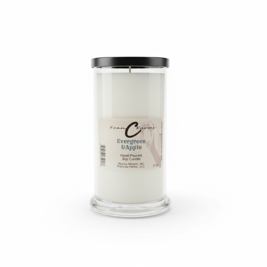 Evergreen & Apple Soy Candle in a clear jar, hand-poured, 22 oz for a fresh, warm atmosphere.
