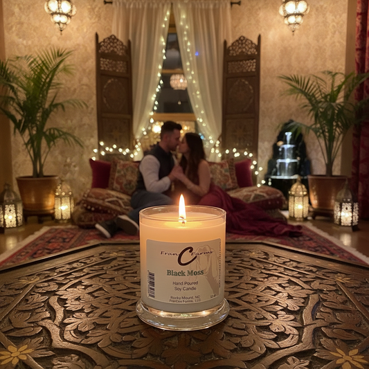 Black Moss Soy Candle - 12 oz. Status Jar with couple in romantic setting and decorative background.