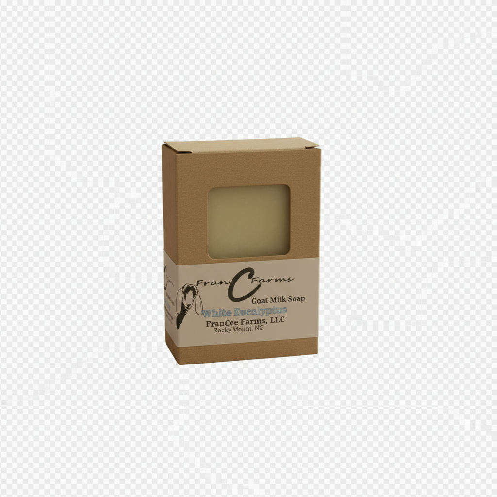 White Eucalyptus Goat Milk Soap packaging from FranC Farms, featuring a natural and inviting design.