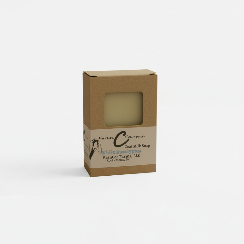 White Eucalyptus Goat Milk Soap packaging from FranC Farms, featuring a natural and inviting design.