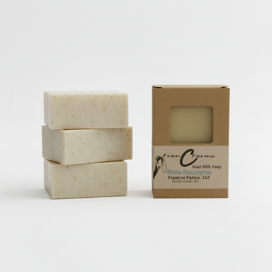 White Eucalyptus Goat Milk Soap bars with packaging from France Farms, LLC - a soothing self-care product.