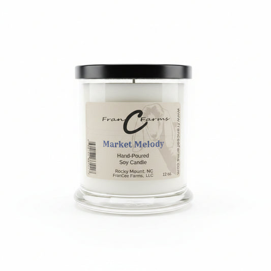 Market Melody soy candle in a clear jar with a black lid, hand-poured, 12 oz from FranC Farms.