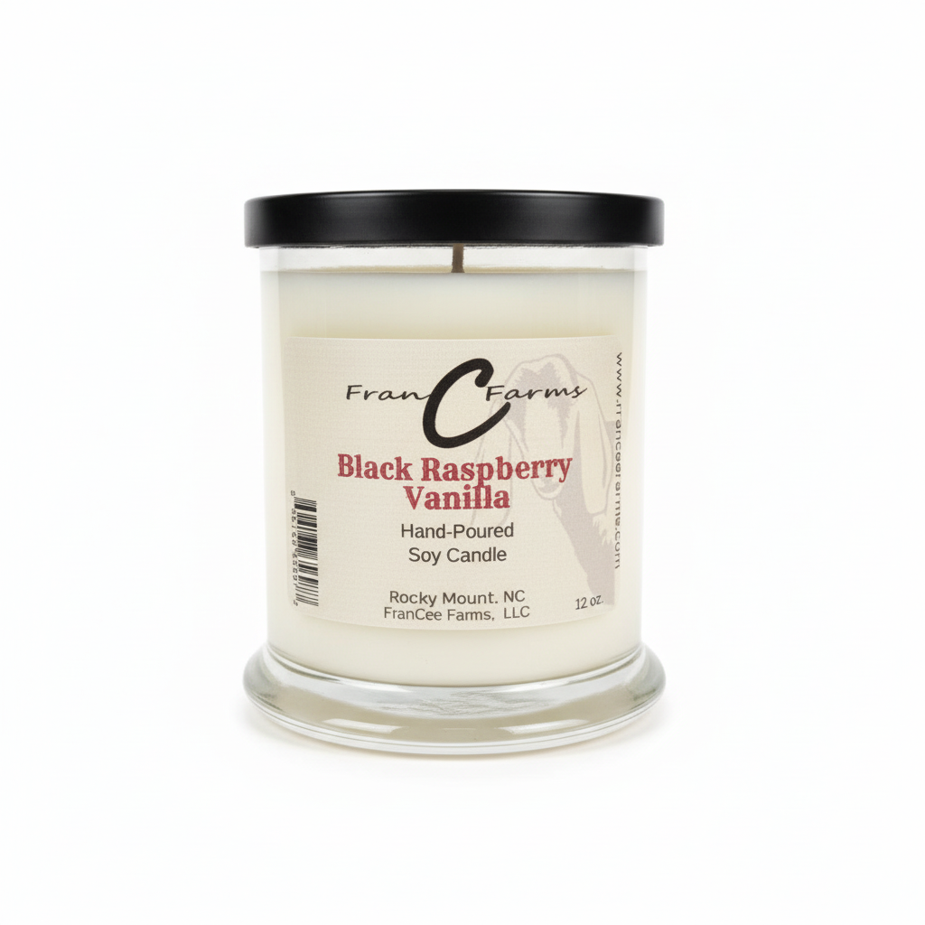 Black Raspberry Vanilla Soy Candle - 12 oz. Status Jar from FranCee Farms, hand-poured and fragrant.