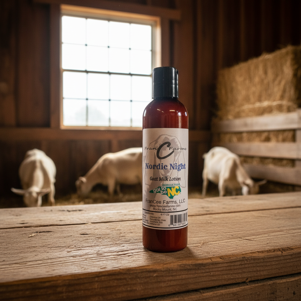 Nordic Night Goat Milk Lotion bottle in a barn with goats in the background.