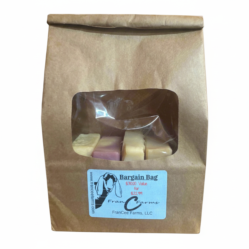 Bargain Bag containing assorted soaps in a clear package for a great value at FranCee Farms.