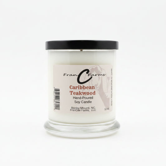 Caribbean Teakwood soy candle in a glass jar, hand-poured 12 oz. candle with complex fragrance notes.