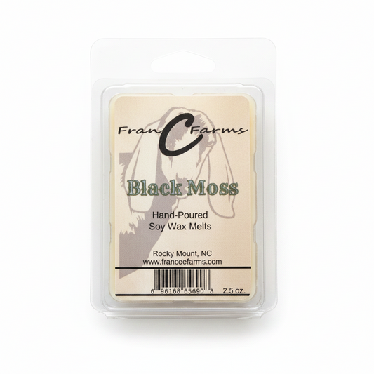 Black Moss Soy Wax Melts packaging, hand-poured, 2.5 oz, aromatic home fragrance
