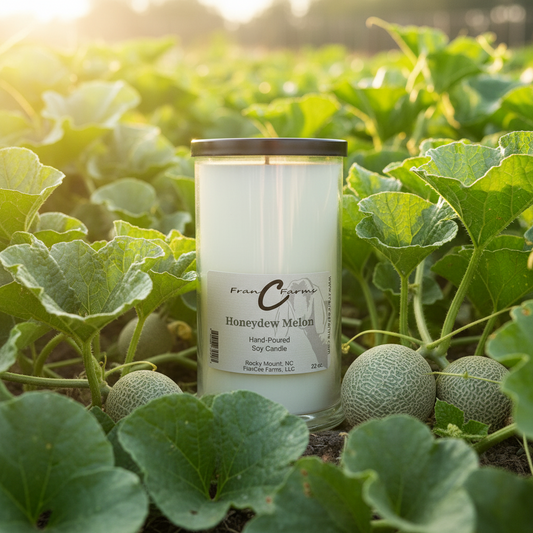 Honeydew Melon Soy Candle - 22 oz. surrounded by honeydew melon plants, showcasing its natural beauty.