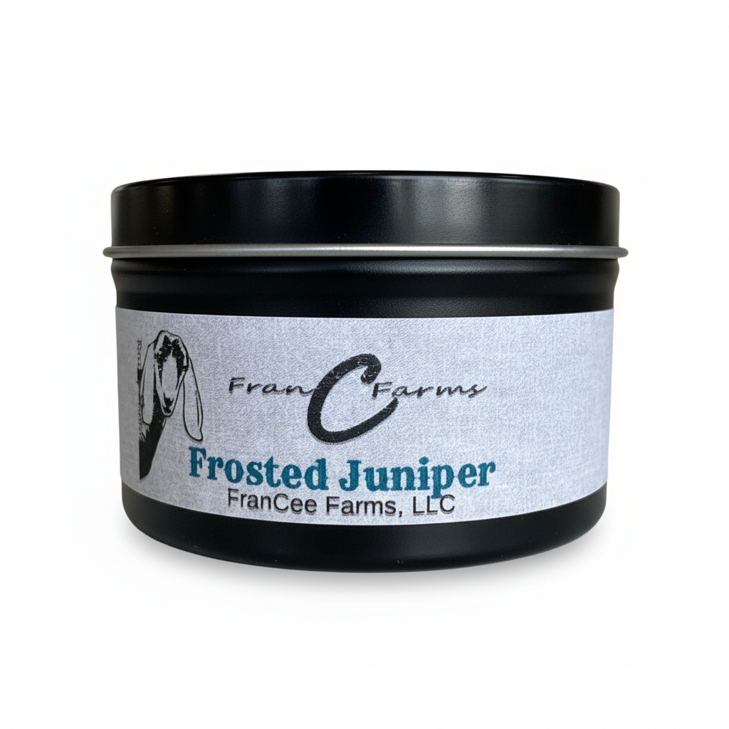 Frosted Juniper Soy Candle - 8 oz. Tin by FranCee Farms, featuring a stylish black tin design.