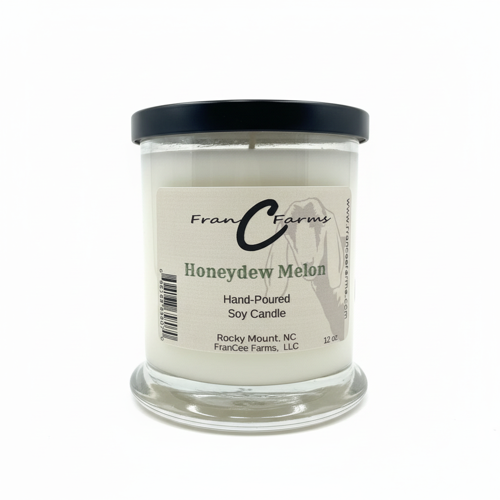 Honeydew Melon Soy Candle in a clear glass jar, hand-poured, 12 oz, made by FranCee Farms.