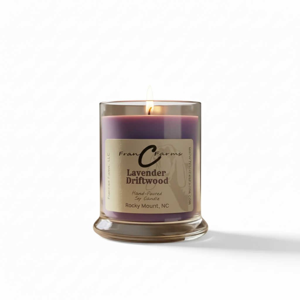 Lavender Driftwood Soy Candle in a glass jar, hand-poured candle with a woodsy aroma.