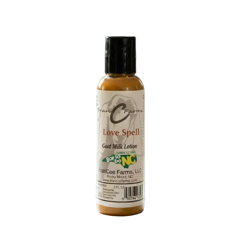 Love Spell Goat Milk Lotion bottle showcasing the blend of fruit and floral scents, made with real fresh milk.