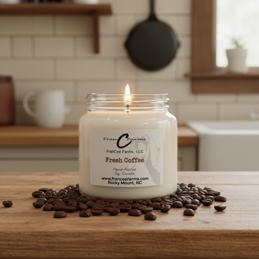 Fresh Coffee Soy Candle surrounded by coffee beans in a cozy kitchen setting.