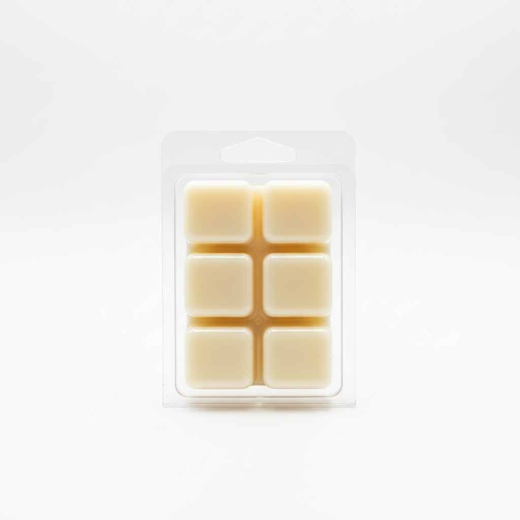 Market Melody soy wax melts packaged in a clamshell, featuring six square melt cubes.