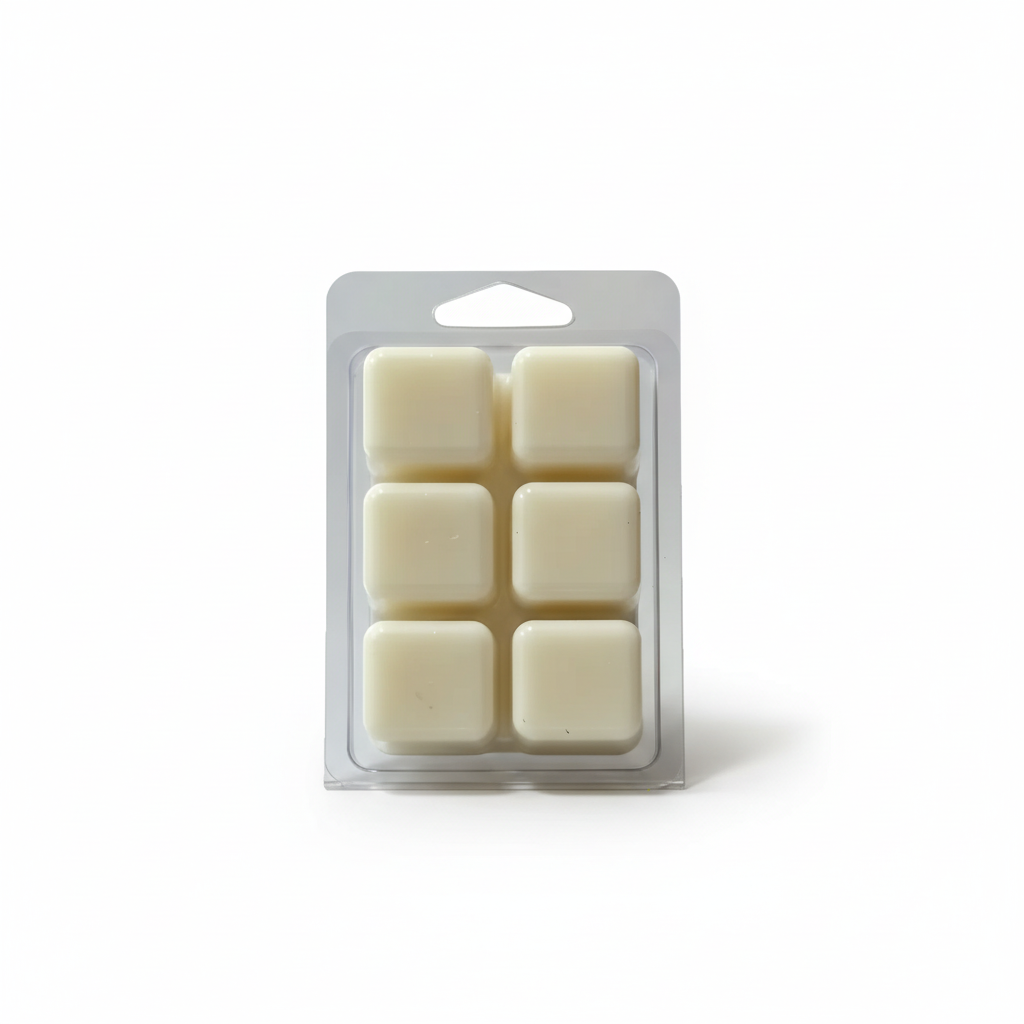 Rose Petal Soy Wax Melts in cream color showcasing six wax cubes in a clear clamshell package.