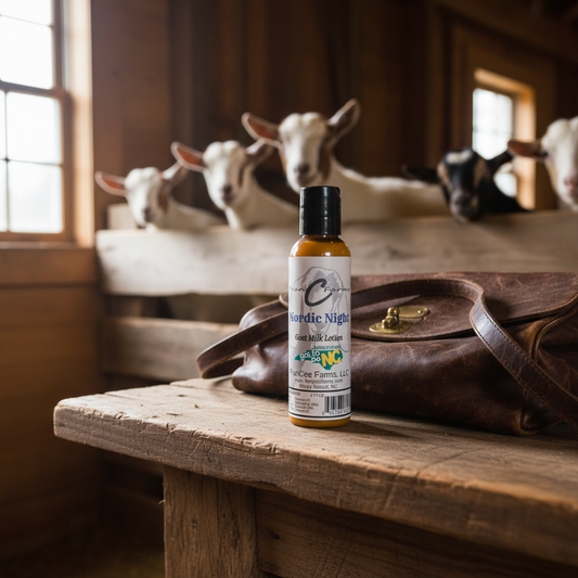 Nordic Night Goat Milk Lotion on a wooden table with goats in the background, showcasing the product's natural ingredients.