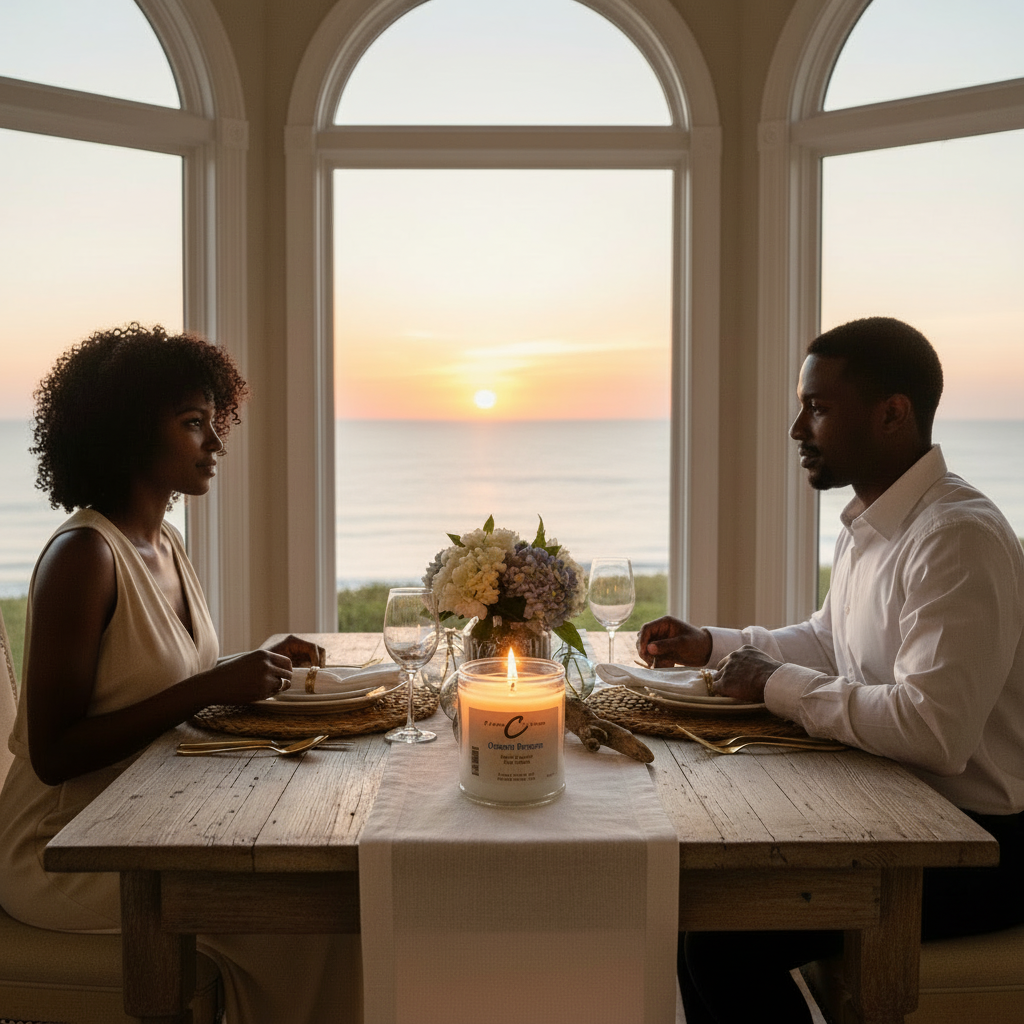 Ocean Breeze Soy Candle on a dinner table during sunset, creating a romantic ambiance.
