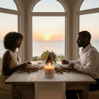 Ocean Breeze Soy Candle on a dinner table during sunset, creating a romantic ambiance.