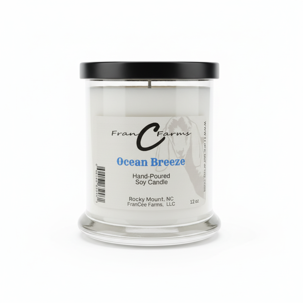 Ocean Breeze Soy Candle - 12 oz. Status Jar, hand-poured fragrance candle from FranCee Farms.