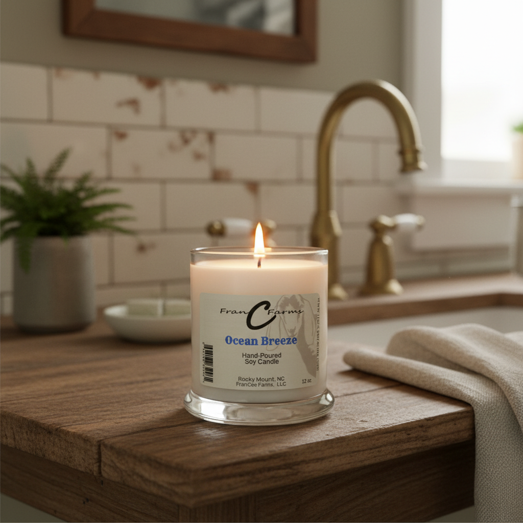 Ocean Breeze Soy Candle - 12 oz. status jar with a flame, placed on a rustic kitchen countertop.