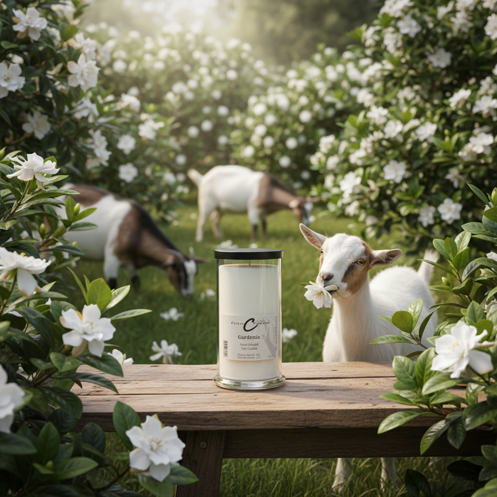 Gardenia Soy Candle - 22 oz. Status Jar surrounded by garden flowers and playful goats.