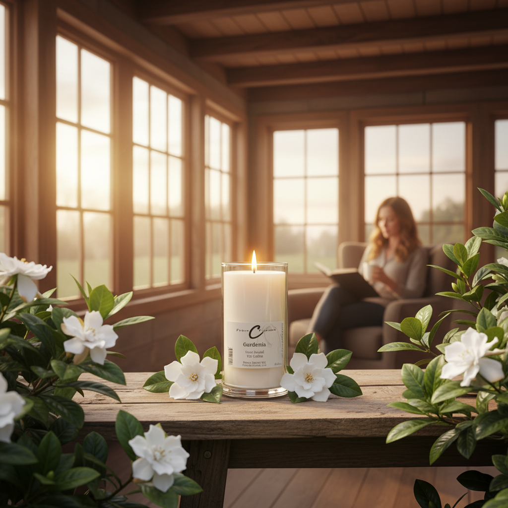 A glowing Gardenia Soy Candle on a wooden table surrounded by white flowers in a cozy sunlit room.