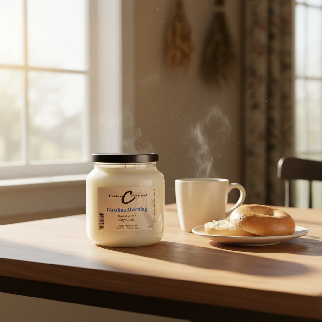 Carolina Morning soy candle displayed on a table with a steaming cup and a bagel in a cozy setting.