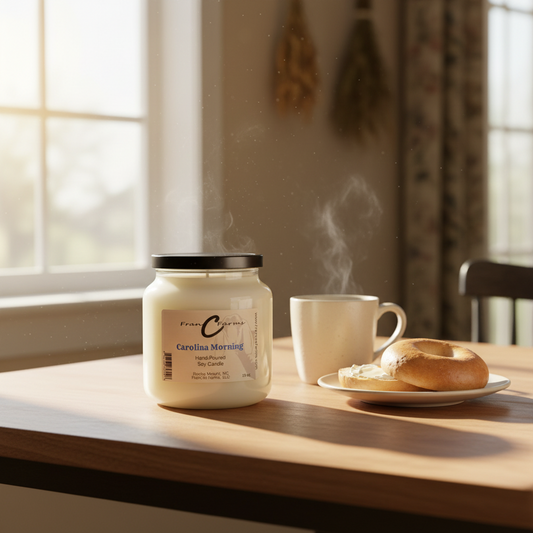 Carolina Morning soy candle displayed on a table with a steaming cup and a bagel in a cozy setting.
