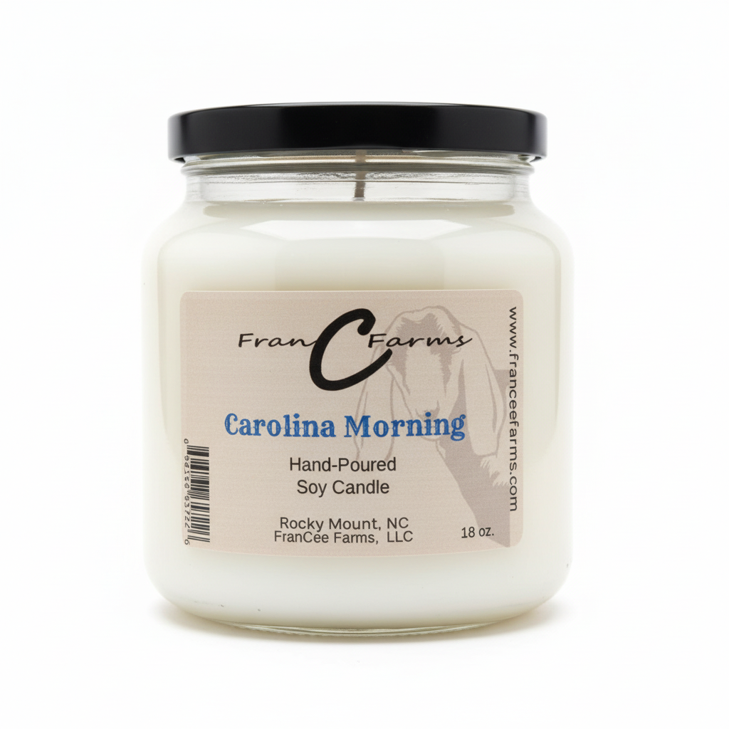 Carolina Morning soy candle in an 18 oz. apothecary jar, hand-poured by FranCee Farms.