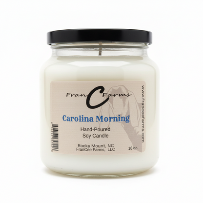 Carolina Morning soy candle in an 18 oz. apothecary jar, hand-poured by FranCee Farms.