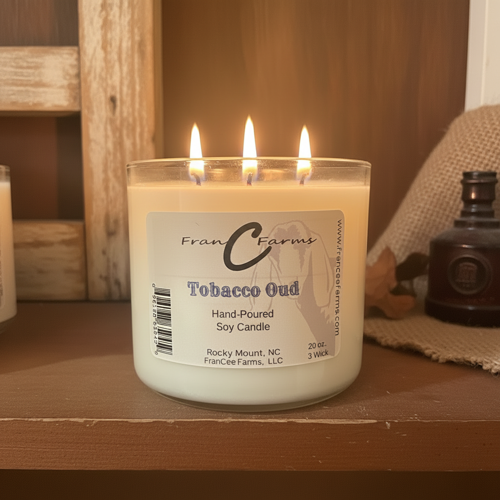 Tobacco Oud Soy Candle - 20 oz. 3 Wick, hand-poured by FranCee Farms in Rocky Mount, NC.