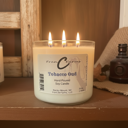 Tobacco Oud Soy Candle - 20 oz. 3 Wick, hand-poured by FranCee Farms in Rocky Mount, NC.