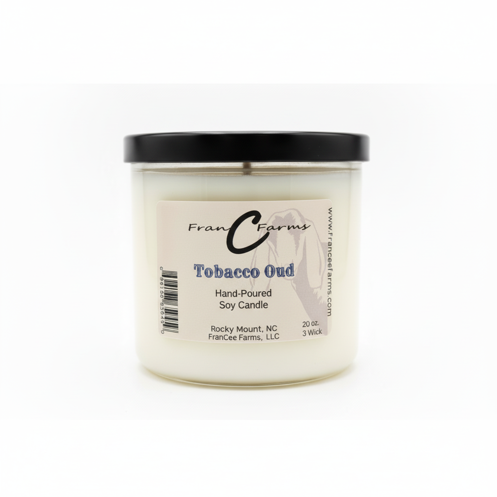 Tobacco Oud Soy Candle - 20 oz. 3 Wick, hand-poured by FranCee Farms.