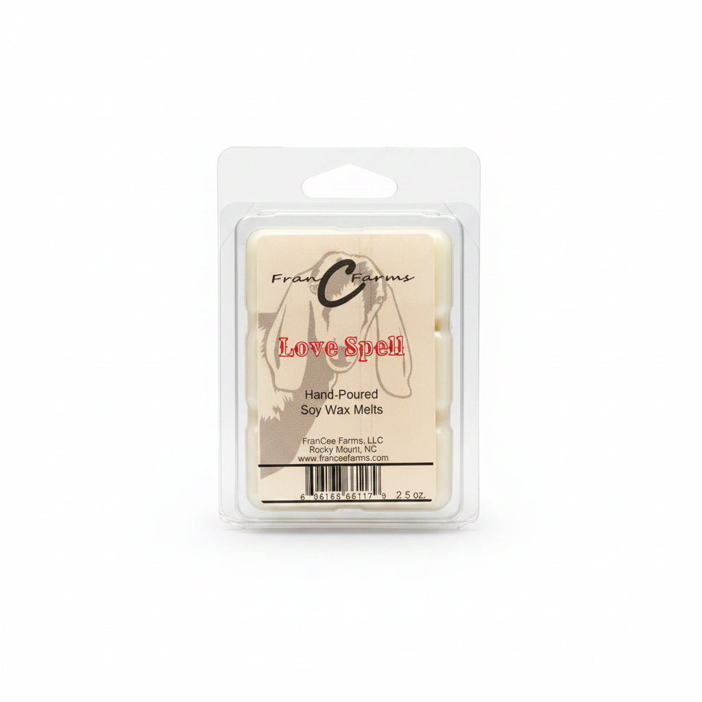 Love Spell Soy Wax Melts in a clear packaging, hand-poured and toxin-free. Ideal for a fragrant home.