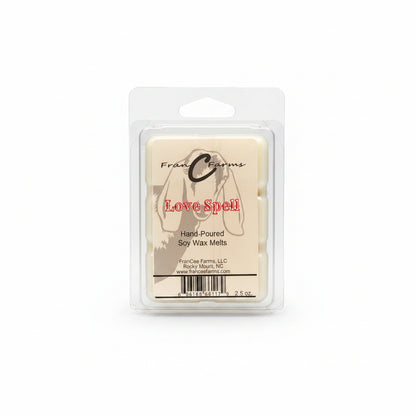 Love Spell Soy Wax Melts in a clear packaging, hand-poured and toxin-free. Ideal for a fragrant home.