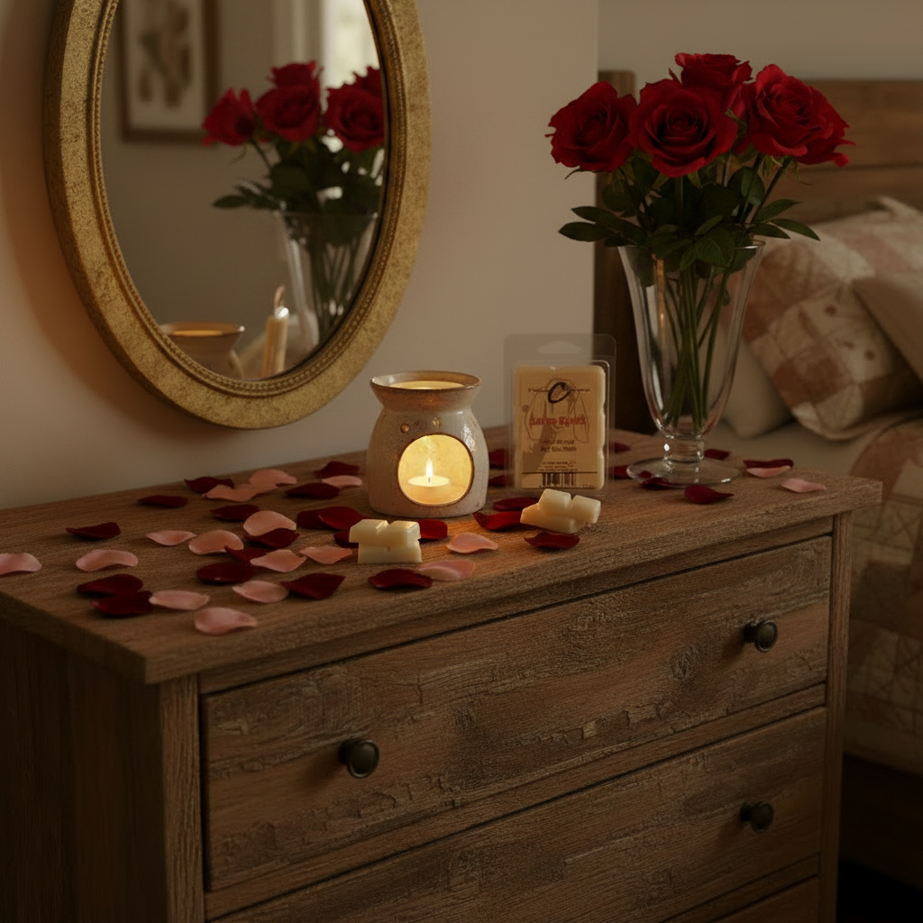 Love Spell Soy Wax Melts displayed on a wooden dresser with rose petals and a vase of roses, creating a romantic ambiance.