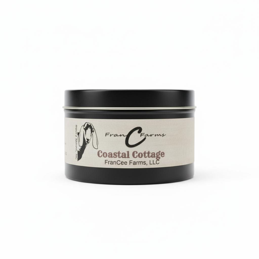 Coastal Cottage Soy Candle - 8 oz. tin from FranCee Farms, LLC, showcasing elegant packaging.