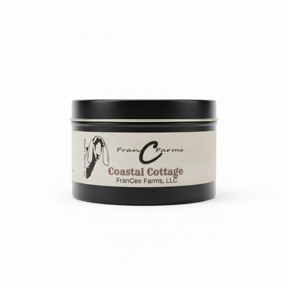 Coastal Cottage Soy Candle - 8 oz. tin from FranCee Farms, LLC, showcasing elegant packaging.