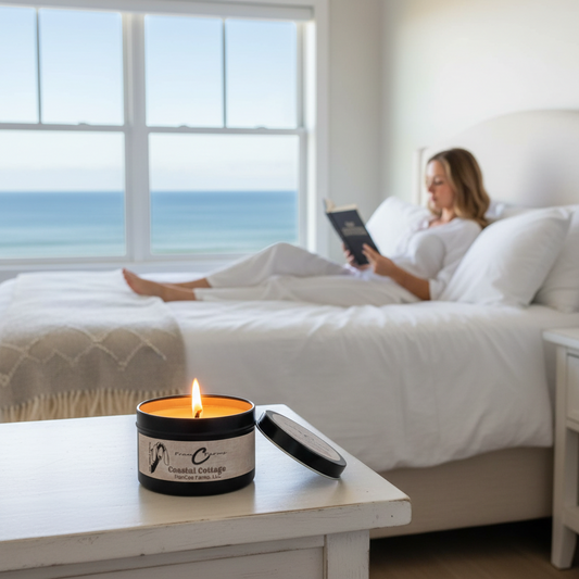 Coastal Cottage Soy Candle on bedside table with a woman relaxing and reading in a sunny beachfront bedroom.