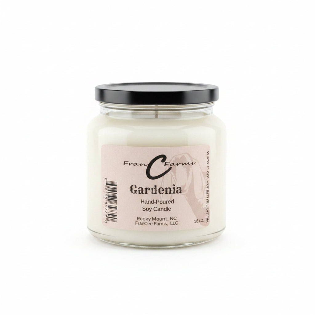 Gardenia Soy Candle - 18 oz. hand-poured candle in an apothecary jar with a black lid.